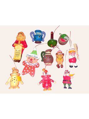 Vintage Hand-Painted Wooden Christmas Ornaments Set Of 12 Santa Clown Gingerbrea
